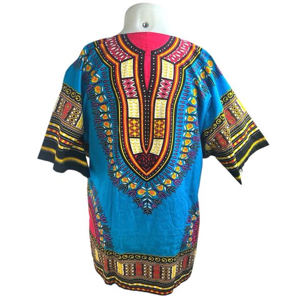 Unisex Multicolor Short Sleeve African Dashiki Tribal Caftan Boho Shirt Top L - Picture 2 of 3
